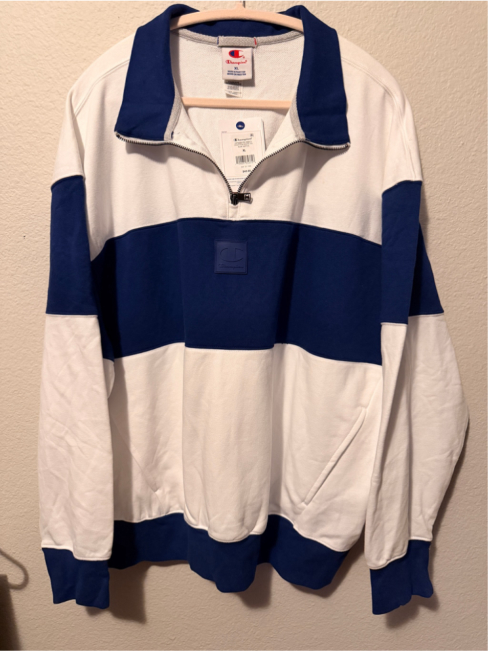 Men's Champion Quarter-Zip Sweatshirt, XL, White and Blue